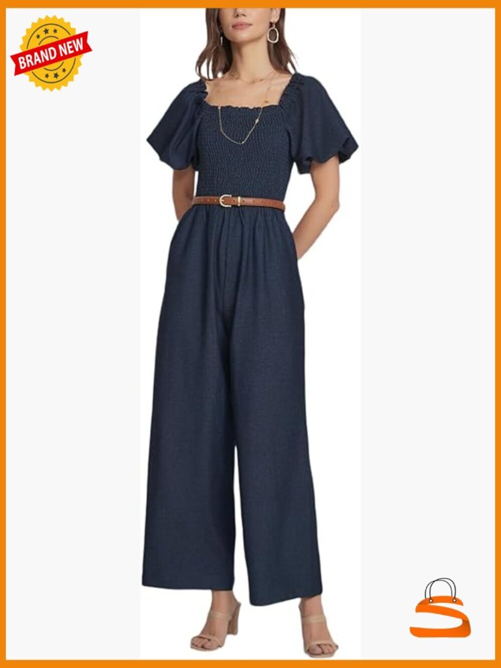 Womens Square Neck Puff Sleeve Smocked Romper Wide Leg Jumpsuit